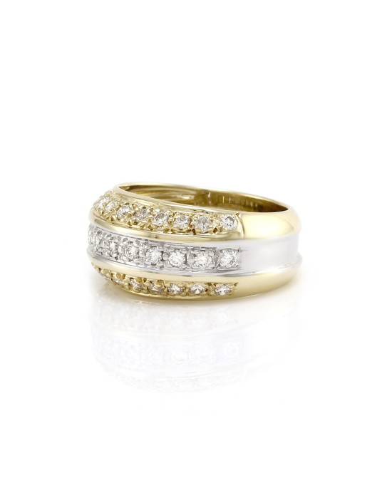 Three Row Diamond Dome Style Ring in White and Yellow Gold